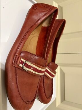 Born Rust Red Leather Loafers with Striped Ribbon Trim
